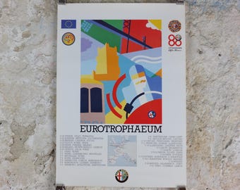 1990 Alfa Romeo Portugal Poster, Lisbon Eurotrophaeum, 80th anniversary, Ottantanni, art deco style by Enrico Dordoni, wall art decor