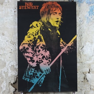1970s Rod Stewart Poster, rare psychedalic colours on black, musician music wall art 1970s
