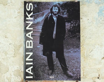 1995 Iain Banks Poster, a portrait of the author promoting Whit, Isis amongst the unsaved, monochrome, wall art retro decor