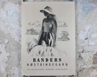 1952 Aage Sikker-Hansen Poster, Randers Denmark, Woman working in wheat fields, Agriculture and farming, Scandanavian, wall art decor