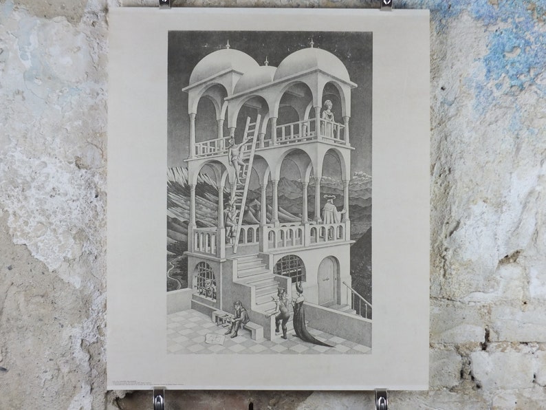 1958 Vintage M.C. Escher Poster, Belvedere, Surrealism Dutch print from Cordon Art from Baarn Holland, wall art decor image 1