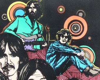 1975 Beatles Poster, Black Light Fluorescent in Felt, Colourful