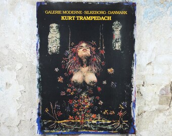Signed 1990 Kurt Trampedach Poster, The Flower Girl, Blomsterpige, signed in gold ink, Cubism Surrealism, gallery exhibition, wall art decor