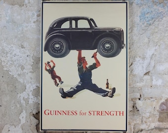 1990s Guinness for Strength Poster, from Guinness Museum, By John Gilroy 1945, mechanic fixing car with a Guinness, Wall art decor