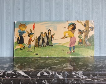 1950s John Gilroy Poster, Animals playing golf, putting on the green with cats rabbits and penguins, printed on hard board, wall art decor