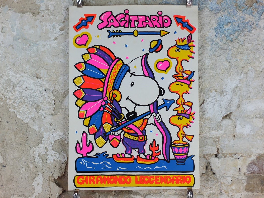 1980s Snoopy Poster, Peanuts, Sagittarius Zodiac Sign in Italian
