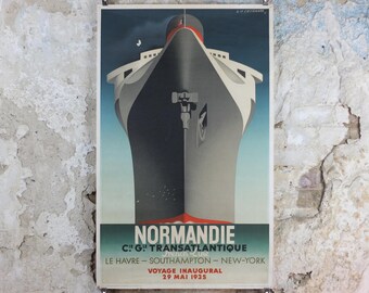 1979 Normandie Transatlantique Poster, Art Deco Travel art by A. M. Cassandre from 1935, Henri Mouron, wall art retro decor