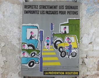 1960s French road safety poster, Road Zebra Crossing, by Besserve, industrial, pedestrian dangers, retro wall art decor