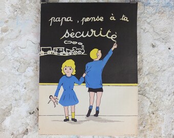 1950s SNCF rail safety poster, Dad thinks about safety, by Duverne, industrial, train rail dangers, retro wall art decor