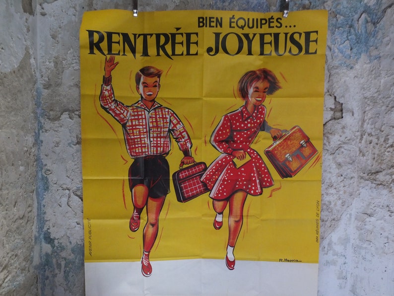Original Vintage French Children Kids Back to School Poster fashion style bag happy running Advertising print R Hennin wall art retro 1960s image 1