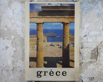 1960 Rhodes Greece Travel Poster, Ροδοσ, Temple of Apollo, Lindos, acropolis, travel tourism, holiday vacation, wall art decor