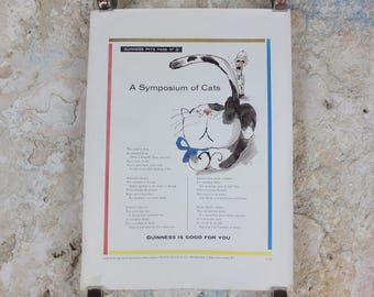 1961 Guinness Cat Poster, A Symposium of Cats, Guinness Pet Page, by Gerard Hoffnung, ale Irish stout beer advertising, wall art decor