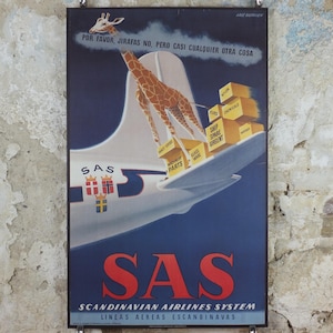 2004 SAS No Giraffes Please Poster, Scandinavian Afghans, von Aage Rasmussen, Mid-Century Airline Werbung, Wandkunst Dekor