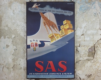 2004 SAS No Giraffes Please Poster, Scandinavian Airlines, by Aage Rasmussen, mid-century airline advertising, wall art decor