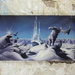 1982 Magnum Poster, Mirador by Rodney Matthews, epic adventure quest art, fantasy stag in an Ice Castle setting, scifi wall art decor