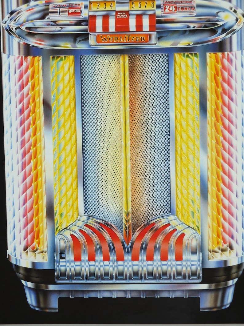 1980s Wurlizter 1100 Jukebox Poster, Colourful Retro Advertising for ...