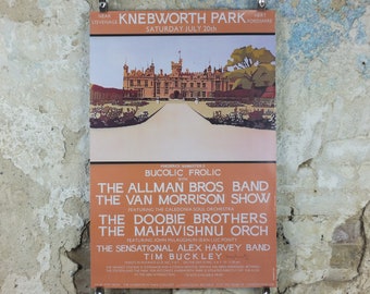 1974 Knebworth Park Concert Poster, Van Morrison, Bucolic Frolic, Signed by Freddy Bannister, 1999 reprint, Psychedelic rock music, wall art