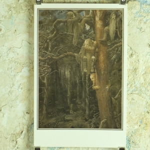 May include: An illustration depicting a dark forest scene with figures among the trees. A person peeks from behind a tree trunk, while other figures with long beards and cloaks are perched in the branches. The artwork has a vintage, storybook style.