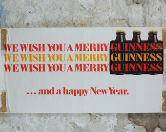 We wish you a Merry Guinness Poster, and a Happy New Year, Christmas advertising ale Irish stout beer print, wall art retro decor 1970s