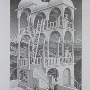 1958 Vintage M.C. Escher Poster, Belvedere, Surrealism Dutch print from Cordon Art from Baarn Holland, wall art decor image 5