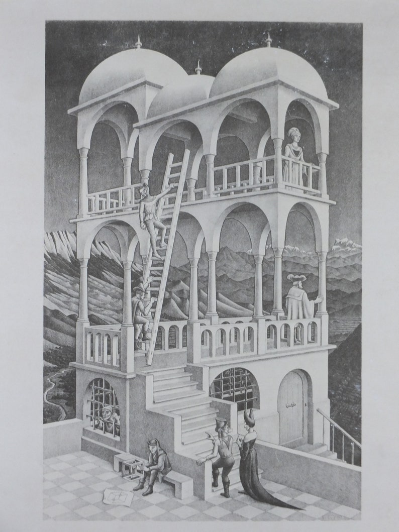 1958 Vintage M.C. Escher Poster, Belvedere, Surrealism Dutch print from Cordon Art from Baarn Holland, wall art decor image 5