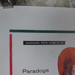 May include: A vintage poster with the text "GUINNESS PETS PAGE N&deg; 2" and the word "Paradogs". The poster features cartoon illustrations of dogs and people, with a red vertical stripe and a green horizontal stripe.