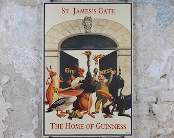 1990s Guinness St James Gate Poster, from Guinness Museum, By John Gilroy 1959, zookeeper with Guinness animals, Wall art decor