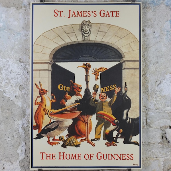 Jaren 90 Guinness St James Gate-poster, uit het Guinness Museum, door John Gilroy 1959, dierenverzorger met Guinness-dieren, kunst aan de muur