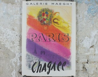 1954 Marc Chagall Poster, Les Champs-Elysses, 2021 reprint, Paris, Galerie Maeght, Seine, Eiffel Tower, Cubism Expressionism, wall art decor