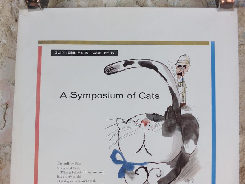 1961 Guinness kattaffisch, Ett symposium om katter, Guinness husdjurssida, av Gerard Hoffnung, reklam för irländsk stoutöl, väggdekor bild 3