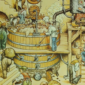 May include: An illustration depicts a brewery scene with workers and machinery. A large wooden vat is the focal point, surrounded by figures carrying sacks labeled "Best Malt" and "Guinness Malt." The image has a vintage, cartoonish style with warm, earthy tones.