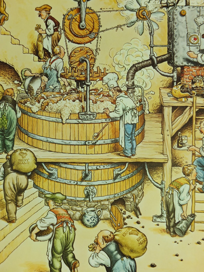 May include: An illustration depicts a brewery scene with workers and machinery. A large wooden vat is the focal point, surrounded by figures carrying sacks labeled "Best Malt" and "Guinness Malt." The image has a vintage, cartoonish style with warm, earthy tones.