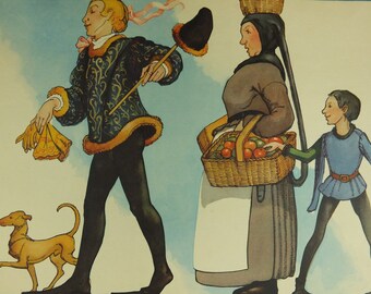 Original Vintage British Macmillan Historical Fashions Educational Poster - 14th Century Costumes - history print wall art retro 1930s