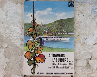 1950s Rhine Cruise Poster, From Basel to Rotterdam, Switzerland to Netherlands Cruise Company Advertising, travel tourism, wall art decor