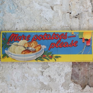 Julaffisch med marknadsföringstavla för potatis från 1930-talet – reklambanderoll med texten "Mer potatis tack"