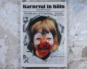 1982 Koln Karneval Poster, Clown in Carnival, Red Nose, Cologne, Germany, Newspaper, Deutschland plakat, travel wall art decor