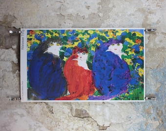 1991 Walasse Ting Poster, Three Cats 1990, blue cat, red cat, blue cat, colourful popular figuratism, pop art, gallery, wall art decor