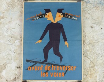 1950s SNCF rail safety poster, Look both ways before crossing, two heads, industrial, train rail dangers, retro wall art decor
