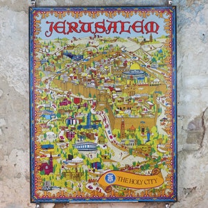 1973 Cartel de Jerusalén, La Ciudad Santa de Roy Bishop, Año del 25º aniversario de Israel, Decoración de arte mural de turismo de viajes