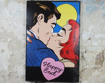 2008 Happy End Poster, pop art kiss under a full moon, by Tee Buzz, Pop Art artist gallery exhibition, wall art decor