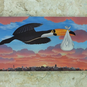 1982 Toucan Guinness Poster, Toucan come "la cicogna" che consegna il bambino, Prince William, pubblicità ale Irish stout beer print wall art retrò