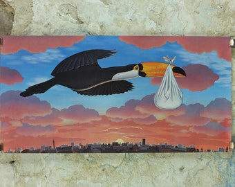 1982 Toucan Guinness Poster, Toucan as "the stork" delivering baby, Prince William, advertising ale Irish stout beer print wall art retro