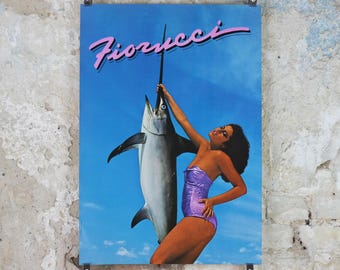 1979 Fiorucci Swordfish Poster, Italian fashion label, beautiful woman in purple swimsuit with swordfish, advertising retro wall art decor