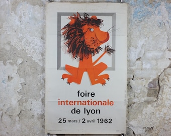 1962 International Fair Lyon Poster, The Orange Lion of Lyon, Original Vintage French, Advertising print, wall art retro decor