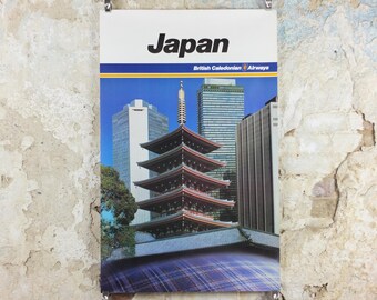 1970s Japan Poster, British Caledonian Airways, Zojoji Temple 増上寺, Tartan Aviation, travel wall art decor