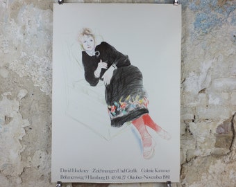 1981 David Hockney Poster, Celia in black dress and red stockings 1973, Pop Art, gallery exhibition wall art decor