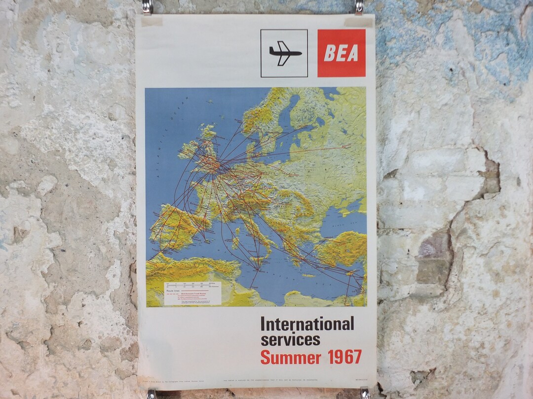 1967 BEA Europe Route Map Poster, British European Airways, Original ...