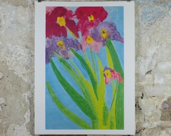 1995 Walasse Ting Poster, Six Irises, 6 colourful flowers, 6 iris, colourful popular figuratism, pop art, gallery exhibition, wall art decor