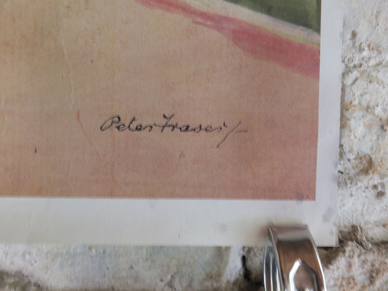 Puede incluir: Una secci&oacute;n de una obra de arte vintage con una paleta de colores suaves y apagados. La obra de arte presenta una firma en escritura cursiva, "Peter Fraser", en tinta negra. El papel tiene un color crema con un borde blanco.