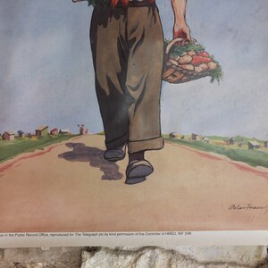 Puede incluir: Ilustraci&oacute;n de p&oacute;ster vintage de una persona caminando por un camino, llevando una cesta de verduras. La persona lleva pantalones y zapatos marrones. El fondo muestra un paisaje rural con peque&ntilde;os edificios y cielo azul. Texto en la parte inferior.